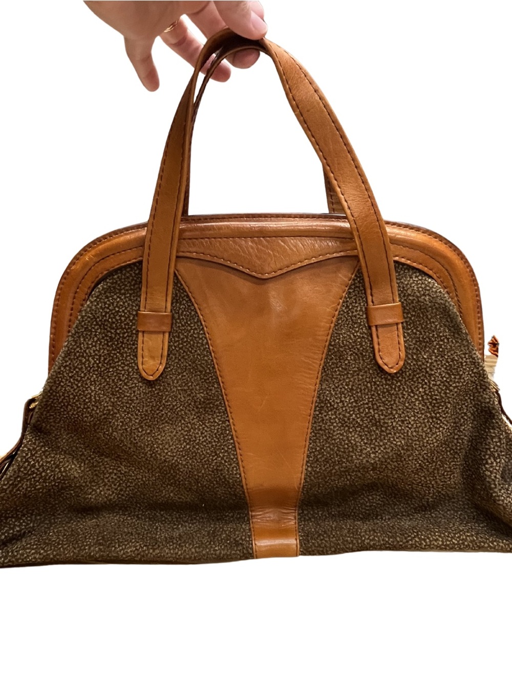 Pierre Vintage Borbonese Style Carpet Bag Leather Trim Satchel